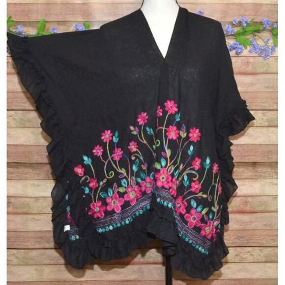 Womens Black Embroidered Floral Open Front Cover Up Cardigan Plus Size 4X Ruffle - Picture 3 of 10